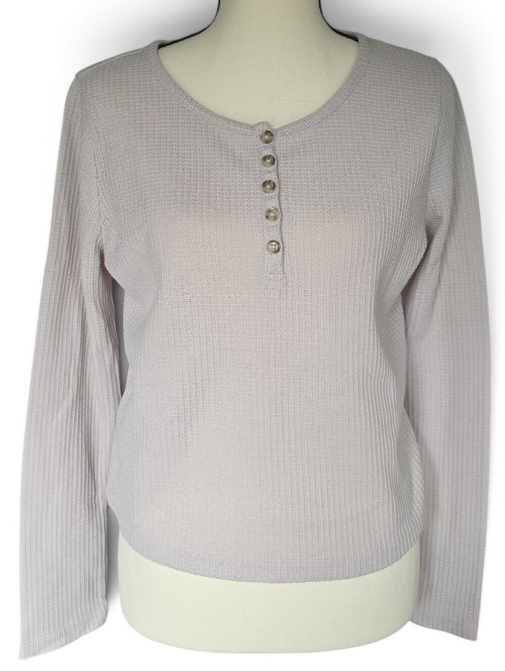 Paper Crane Long Sleeve Henley Waffle Knit Top - Light Mauve-Size Medium